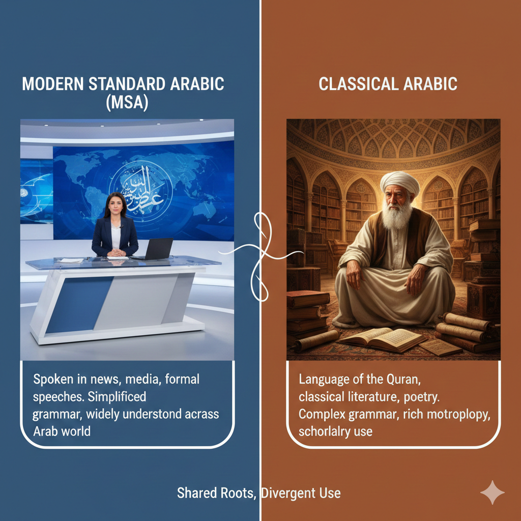 A modern Arabic newspaper next to a classical Arabic manuscript